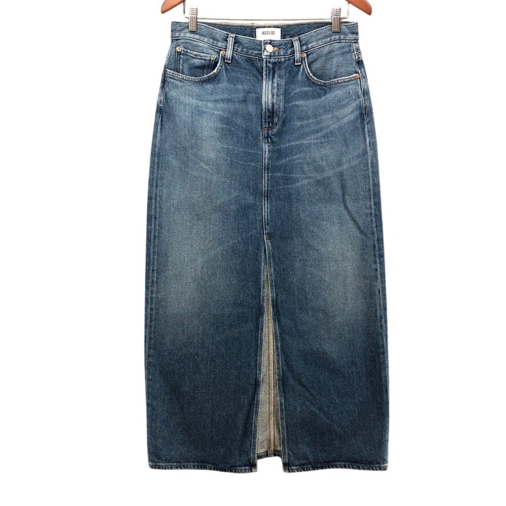 AGOLDE Leif Skirt Womens 26 2 Blue Denim Maxi Front Slit Sustainable Classic